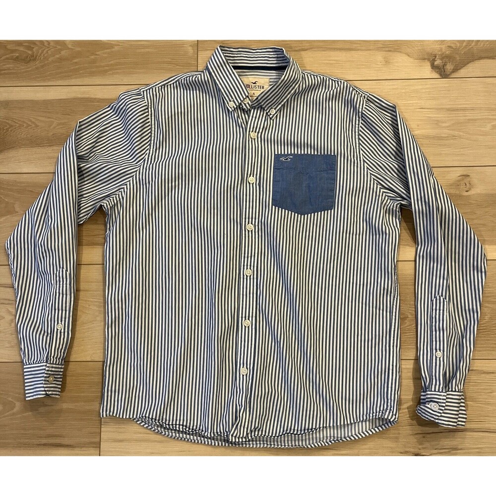 Hollister Mens XL Blue & White Stripe Casual Button‎ Down Long Sleeve Shirt